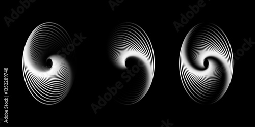 Isolated gradient 3D oval structures. Style spiral pattern or twisted lines. Geometry tunnel with figures. Abstract technology. Vector illustration.