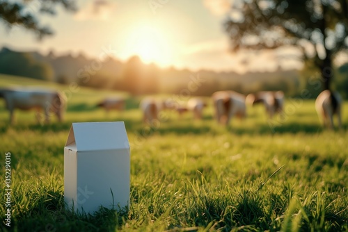 Milk Carton Resting in a Green Field With Cows Grazing Under a Sunset Sky
