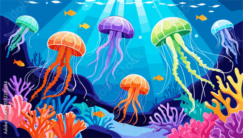 Underwater life at sea or ocean bottom. Exotic undersea world with coral reef, seaweeds and jellyfishes. Colorful flat cartoon vector illustration of scenic marine landscape or seascape