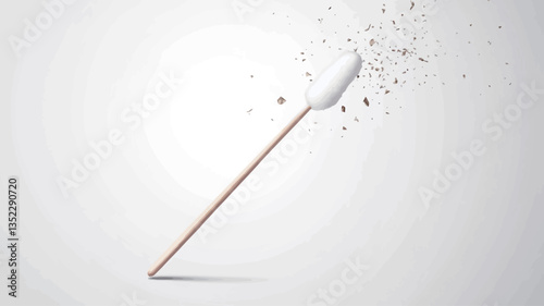 A digital illustration depicting a wooden cotton swab angled diagonally across a light grey background. The cotton tip is partially disintegrating, with small white particles dispersing around it.