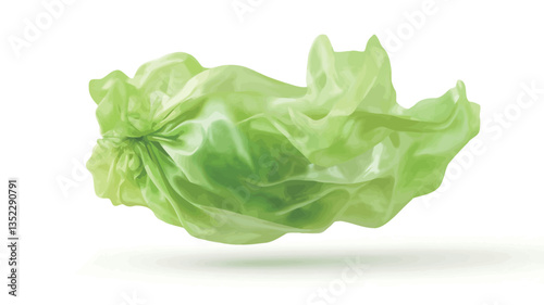 Close-up studio shot of a single lettuce leaf, seemingly floating against a pure white background. The leaf is light green with variations in shade, exhibiting a slightly crumpled or ruffled