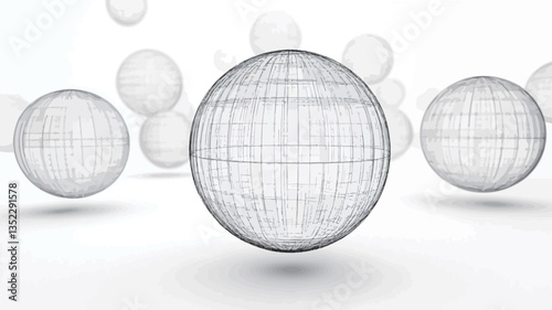 The image depicts several wireframe spheres of varying sizes against a white background. The spheres are rendered in shades of gray, showcasing a three-dimensional grid-like structure.  They appear