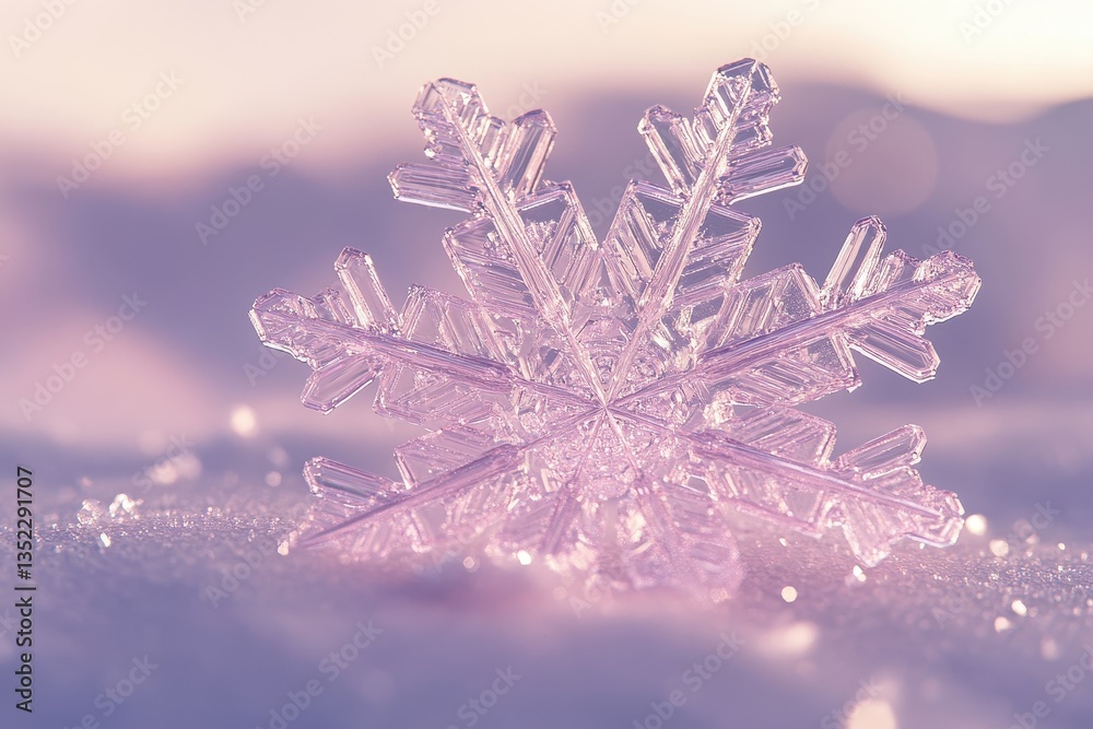 A delicate translucent snowflake resting upon fresh winter snow