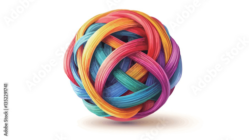 A digital illustration depicting a sphere composed of numerous interwoven, brightly colored strands.  The strands are predominantly red, orange, yellow, green, blue, and purple, creating a rainbow