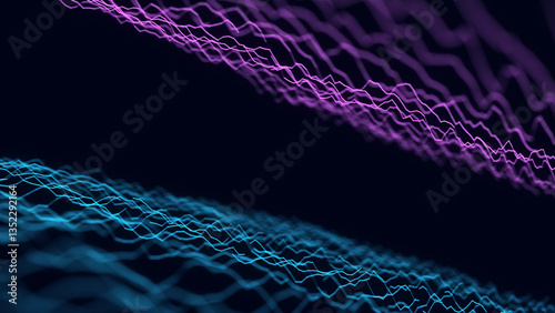 Digital modern halftone wave patterns on the dark background. Abstract structure or network connection. Big data visualization. 3D rendering.