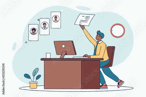 Employee management system, attendance or candidate analysis, customer management system, CRM or recruitment applicant system concept, businessman manage people with employee online application.