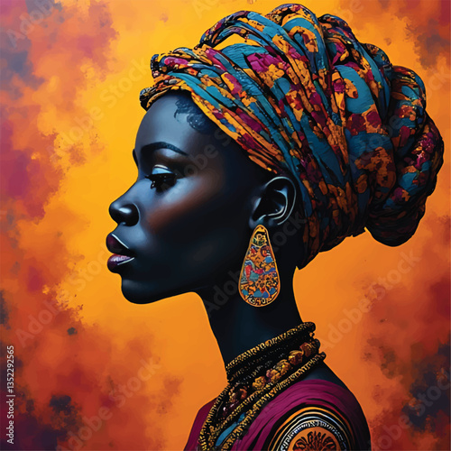 Spirituality enlighten or ritual African naive art eomtion concept the woman close eyes and have colorful aura light behide her head is very omtion peaceful of art feling for print and decorate work. 