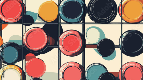 The image presents a stylized overhead view of a game board featuring numerous circular discs in various colors including red, orange, yellow, blue, and dark teal. The discs are arranged on a grid