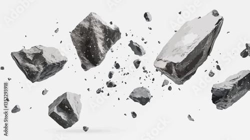 The image shows multiple irregularly shaped grey fragments against a pure white background.  The fragments appear to be mid-air, exhibiting motion blur, suggesting a sense of movement and