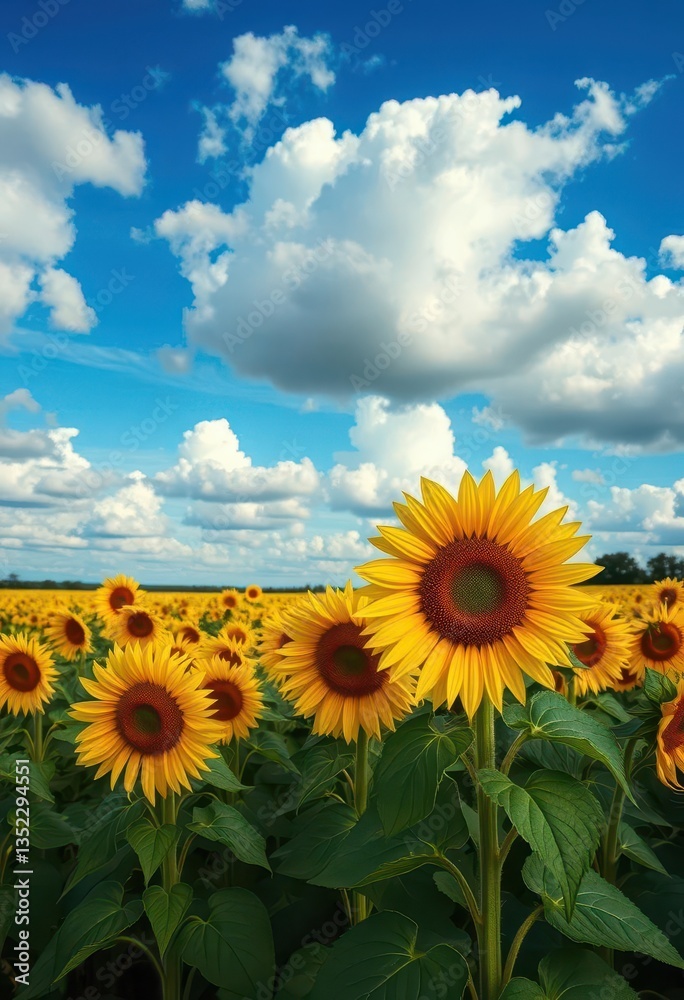 Fototapeta premium Vast sunflower field under a dramatic blue cloudy sky, field, countryside