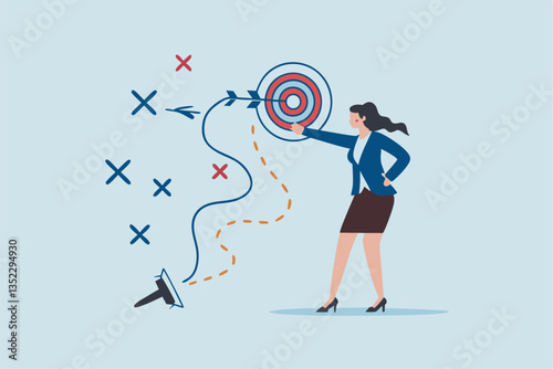 Strategy planning, method or tactic to win business reach goal, solution to avoid obstacle, path to success or discover solution to succeed concept, businesswoman present strategic plan to success.