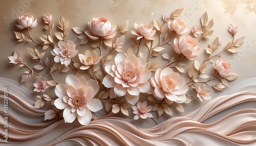 Soft pink paper-cut flowers and leaves with flowing cream waves on a beige background