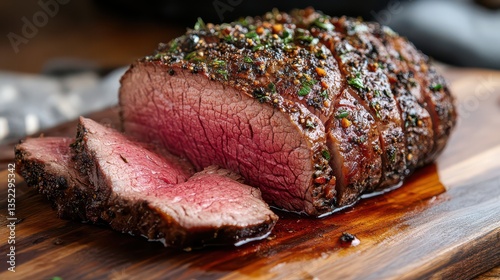 A perfectly roasted round of juicy beef, sliced into tender pieces that showcase the soft texture and rich, pink interior.