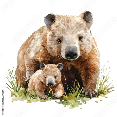 A watercolor vector painting of a mother wombat with her kid, isolated on a white background. Mother wombat vector.

