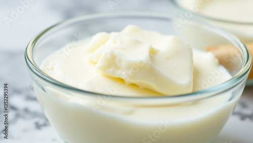A bowl filled with creamy yellow mashed potatoes on a marble countertop.