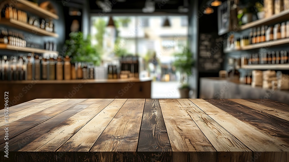 Rustic wooden table in blurred cafe background.