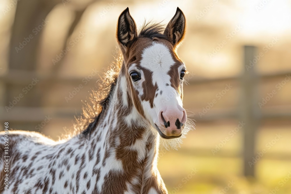 A brown and white spotted foal stands in a field, illuminated by golden sunlight. Its coat features a distinct pattern. The background is blurred, showing a wooden fence and out-of-focus foliage A brown and white spotted foal stands in a field, illuminated by golden sunlight. Its coat features a distinct pattern. The background is blurred, showing a wooden fence and out-of-focus foliage