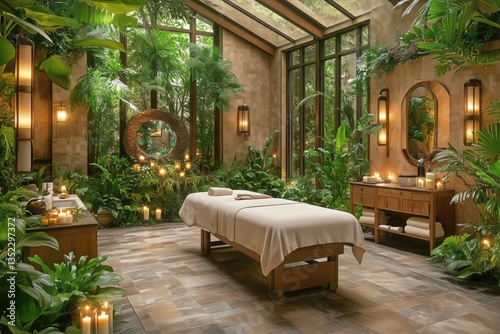 Serene Spa Treatment Room Surrounded by Greenery and Candles in a Tranquil Oasis