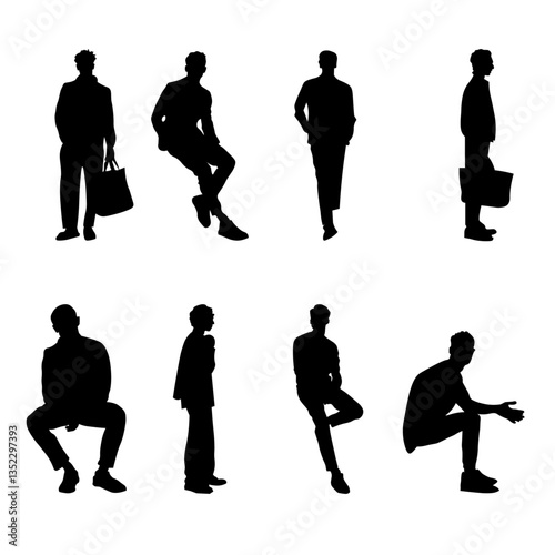 8 png silhouettes of people in sitting postures and standing	
