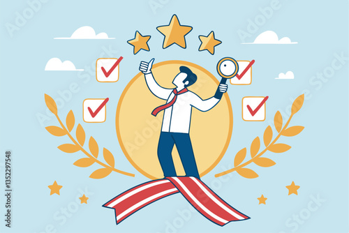 QA quality assurance or quality control to approve or guarantee customer trust and confidence, policy commitment, customer satisfaction concept, businessman with magnifier to assure product quality.