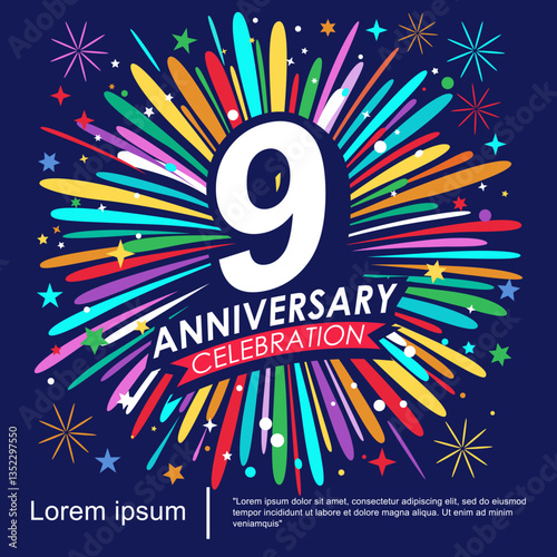 9th years anniversary celebration logo isolated with ribbon, stars and fireworks sparkle twinkle. vector illustration template design for web, flyers, poster, invitation card or greeting card