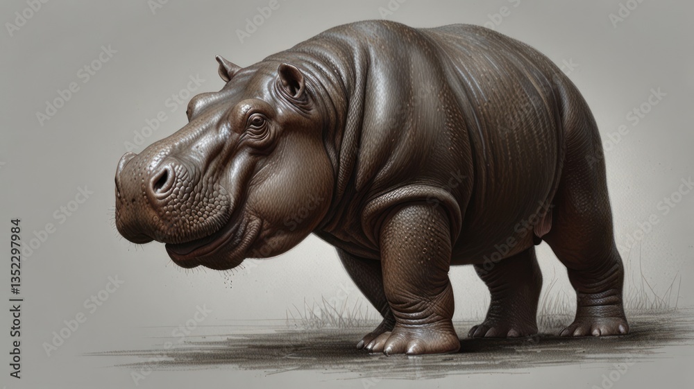 Fototapeta premium A large hippopotamus with smooth skin stands against a light background, looking to the left
