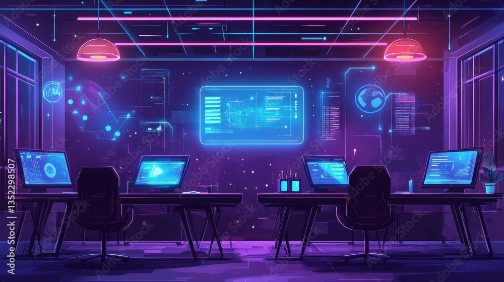 A futuristic office interior with glowing computer screens displays data A futuristic office interior with glowing computer screens displays data