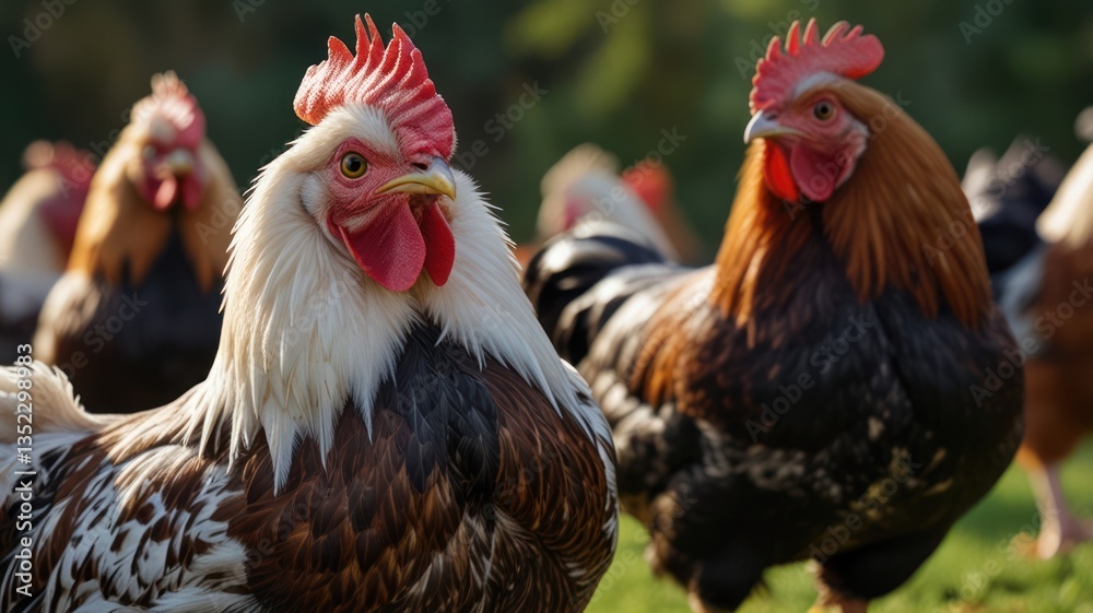 Fototapeta premium Chickens graze in a sunlit field, displaying vibrant feathers and rustic charm on a lush pasture