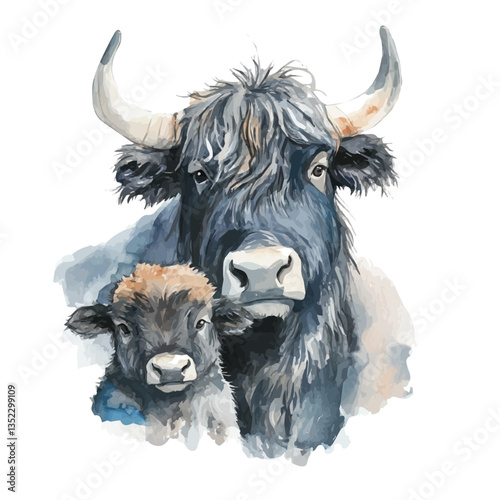 A watercolor vector painting of a mother yak with her kid, isolated on a white background. Mother yak vector.

