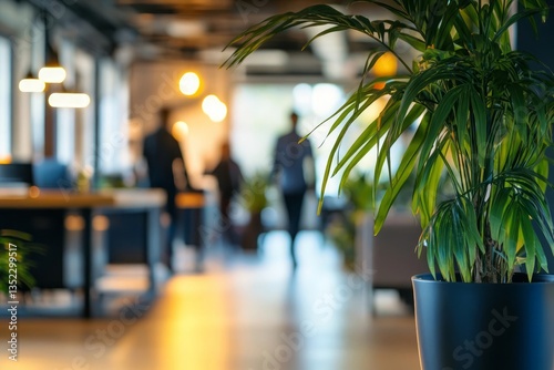 A blurred image of a modern office interior with out-of-focus people, desks, and lighting. In the foreground is a potted green plant, sharply in focus, providing a contrast to the blurred background