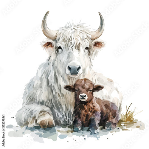A watercolor vector painting of a mother yak with her kid, isolated on a white background. Mother yak vector.

