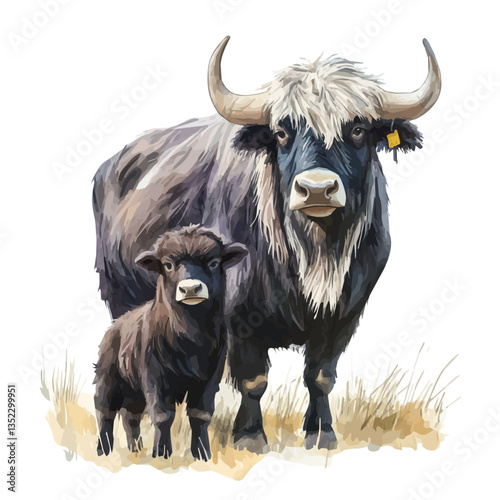 A watercolor vector painting of a mother yak with her kid, isolated on a white background. Mother yak vector.

