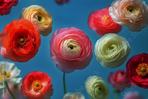 Vibrant Ranunculus Flowers Bloom in a Garden Under a Bright Blue Sky During S...