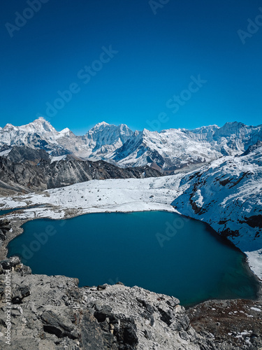 High-altitude glacial lake and snow peaks