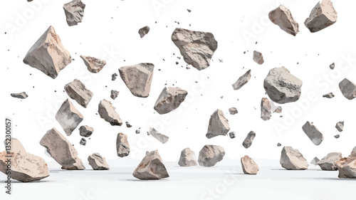 The image shows numerous irregularly shaped fragments of light beige rock falling against a pure white background. The rocks vary in size and orientation, creating a sense of motion and chaos.  The
