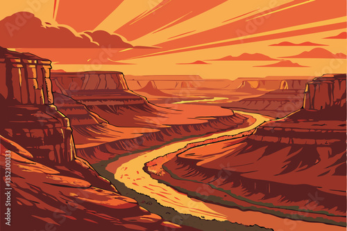 14 Breathtaking sunset over vast canyon landscape, dramatic orange and red sky, sun rays piercing through rock formations, layered sedimentary cliffs, winding river below, aerial perspective, vibrant 