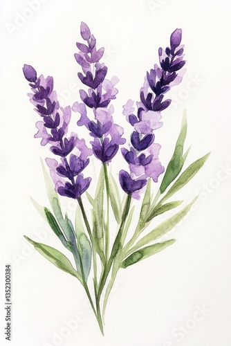 Beautiful watercolor painting of purple lavender flowers on white background