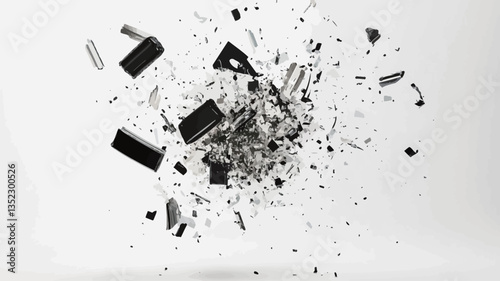 The image depicts a monochrome abstract composition.  Numerous small and large black fragments of irregular shapes are scattered across a bright white background, creating a sense of explosion or
