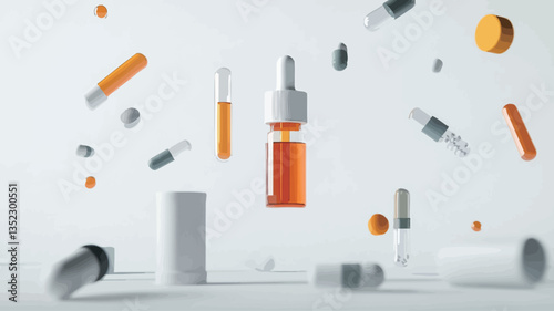 The image depicts a minimalist composition of various geometric shapes, predominantly cylinders, in shades of orange and gray, against a white background.  The shapes appear to float or be