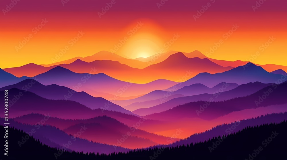 Obraz premium Vibrant sunset over layered purple, orange mountains