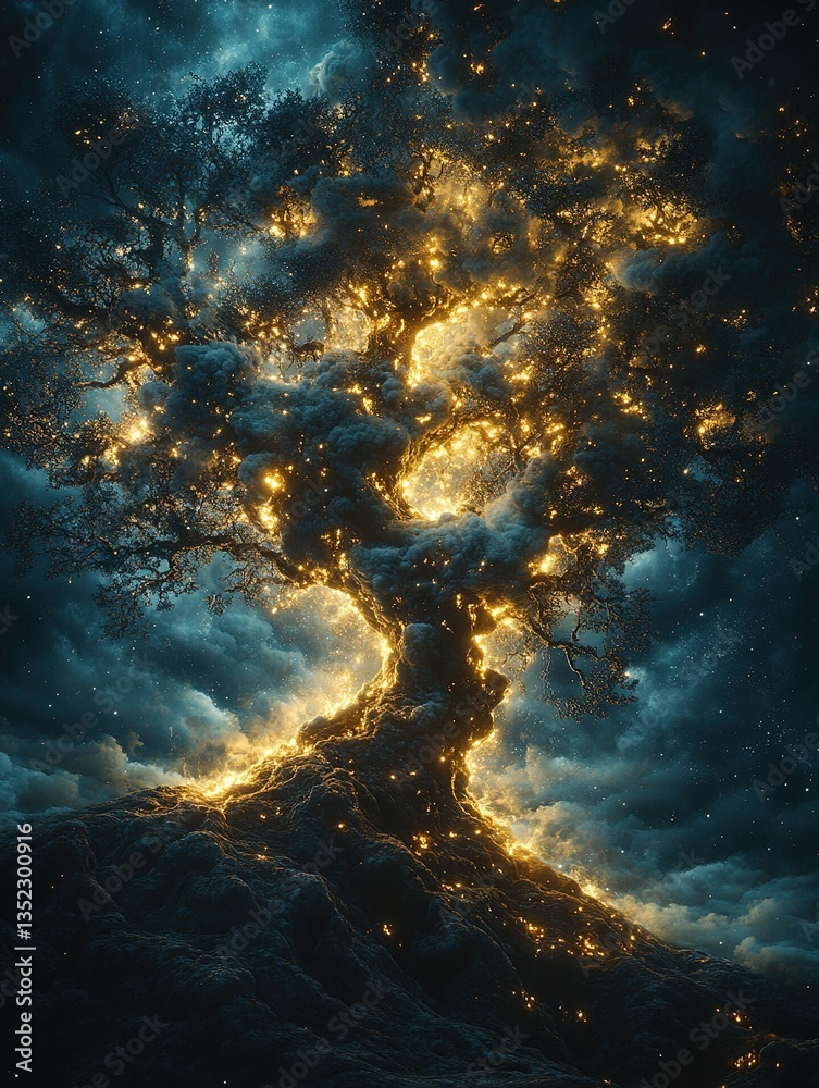 Obraz premium Glowing tree atop a dark hill against a swirling blue and golden sky