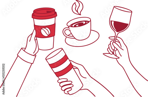 Line drawing, hands holding cups, coffee break, minimalist illustration, red and white, simple outlines, various beverage containers