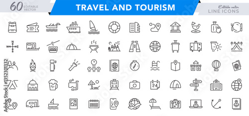 Travel line icon set. Tourism, map pin, summer, destination, trip, toure, directions, distance, place, ticket, beach, summer, navigation line icon set. Ui thin line icon pack