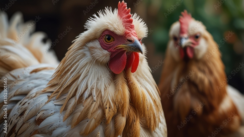 Fototapeta premium Two hens stand with their red combs and beautiful plumage, on a bright day in the garden