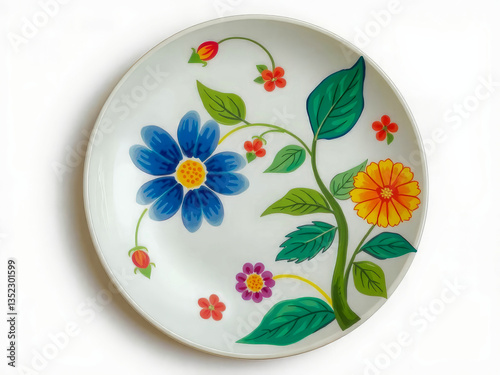 A flower plate with a blue flower and green leaves. The plate is white and has a blue flower on it