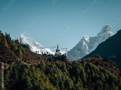 Stupa on hill with Everest and Ama Dablam