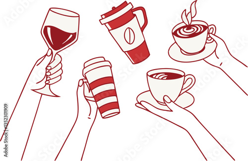 Line drawing, hands holding cups, coffee break, minimalist illustration, red and white, simple outlines, various beverage containers
