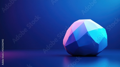 A faceted sphere reflects vibrant colors in a blue illuminated space