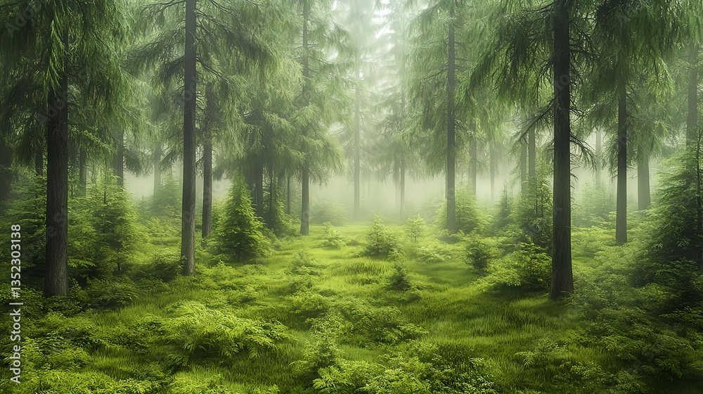 Fototapeta premium Mysterious Morning Fog in Lush Green Forest Landscape
