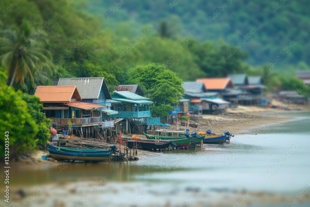 Naklejka premium Coastal fishing village with tilt-shift effect and copy space